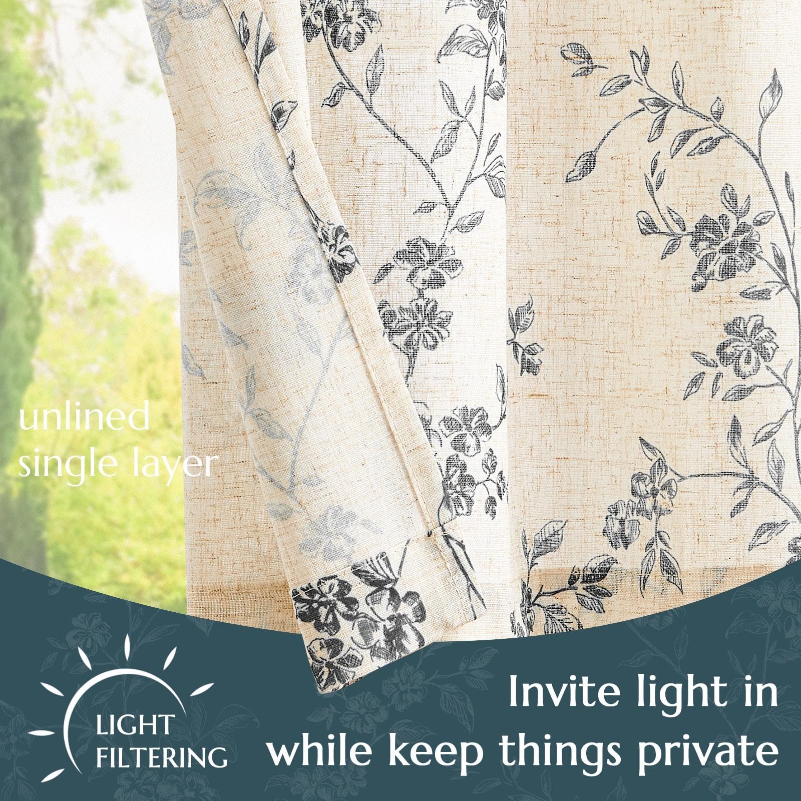 jinchan Floral Kitchen Curtains 26"W x 36"L (Pack of 2), Alisa Black on Linen