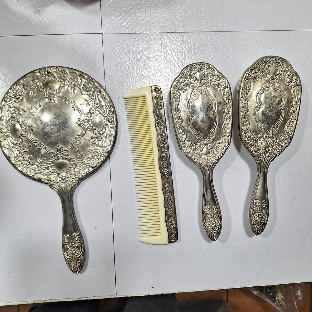 Vintage Vanity Mirror Brush Comb Set Sterling Silver Plated