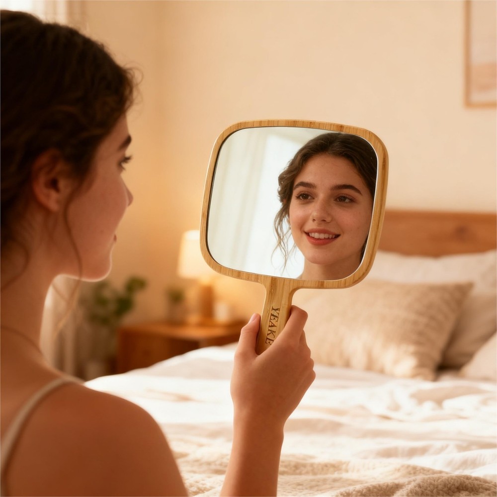 YEAKE Hand Mirror,Natural Bamboo Handheld Mirror with Handle, Single-Sided Po...