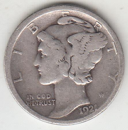 KEY DATE 1921-D MERCURY DIME VG+