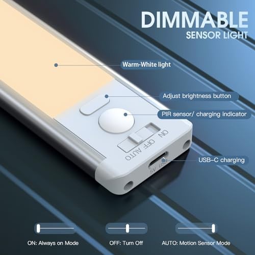 10" Rechargeable Motion Sensor Under Cabinet Lights - 2 Pack, Dimmable Wireless