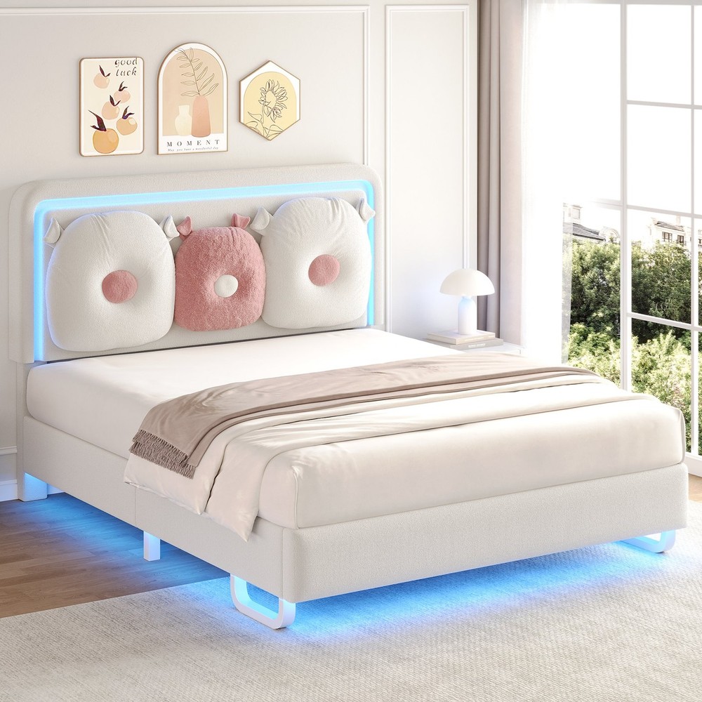Easy Assembly Upholstered Beige Bed Adjustable Headboad With LED Light