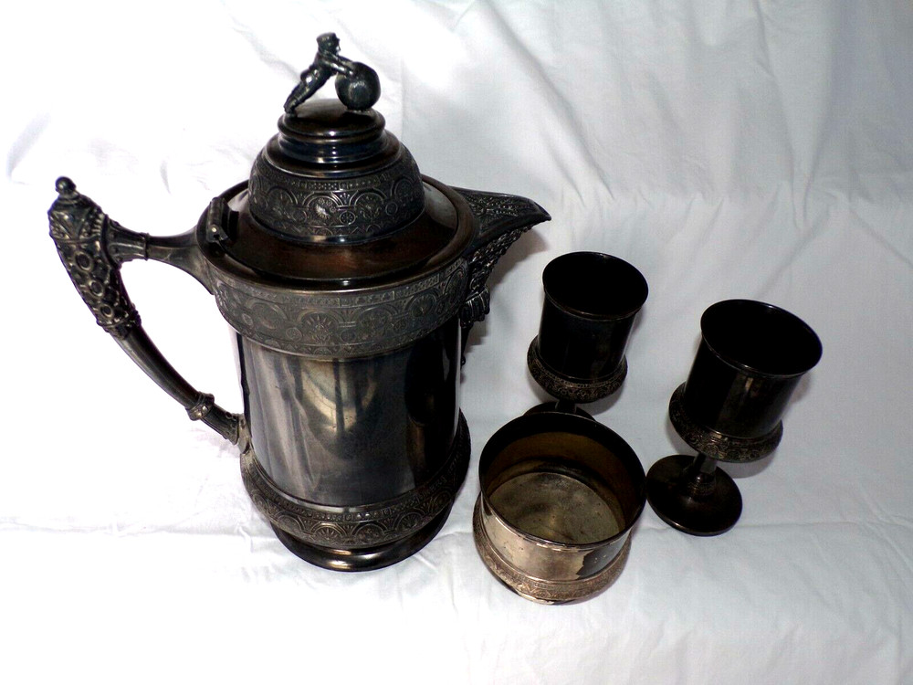 1870's Antique Water Pitcher w/Goblets Renaissance Medieval Style