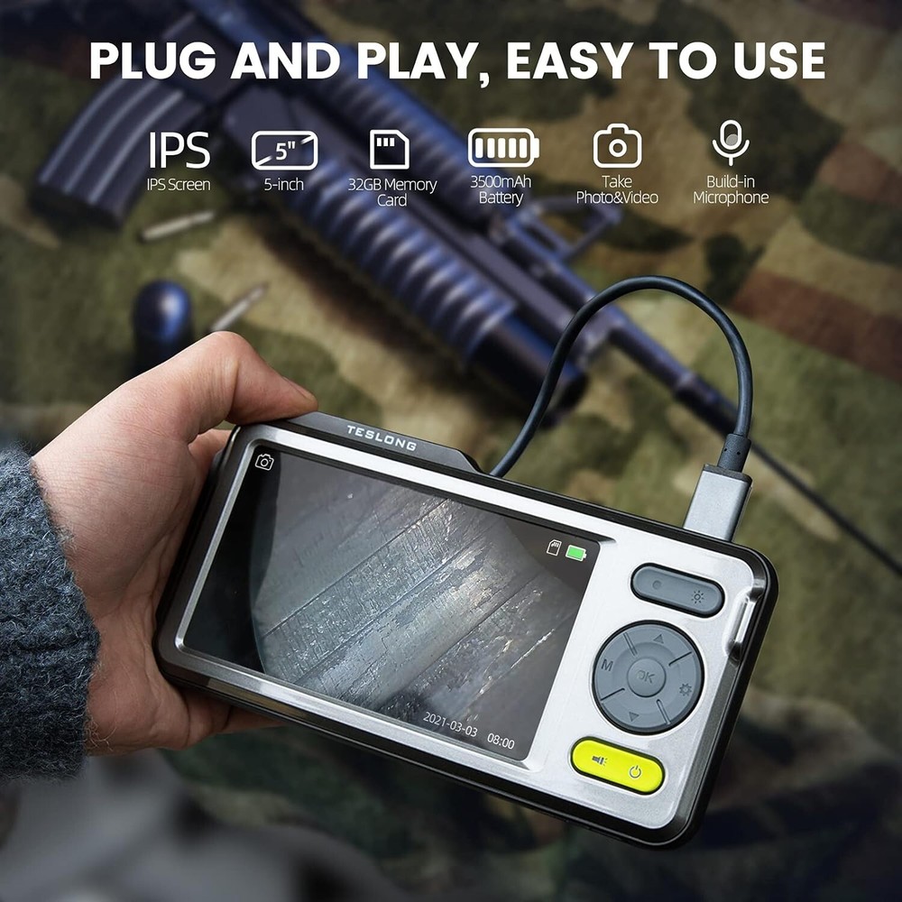 Teslong Flexible Probe Rifle Borescope 5" IPS Screen Fits .20 Caliber & Larger