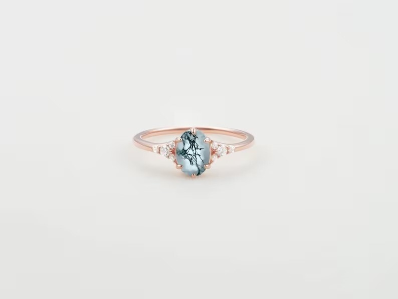 Oval Moss Agate Ring – Rose Gold Plated Dainty Engagement Ring