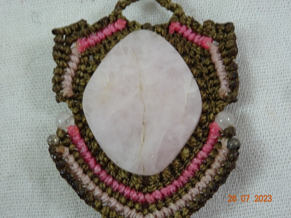 Artisan Oval Pink Topaz Stone Macrame Setting Statement Necklace 27' adjustable