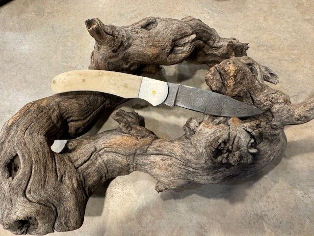 Big Damascus folding blade knife w/ White Bone handle