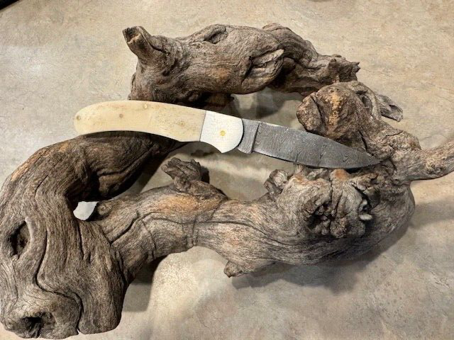 Big Damascus folding blade knife w/ White Bone handle