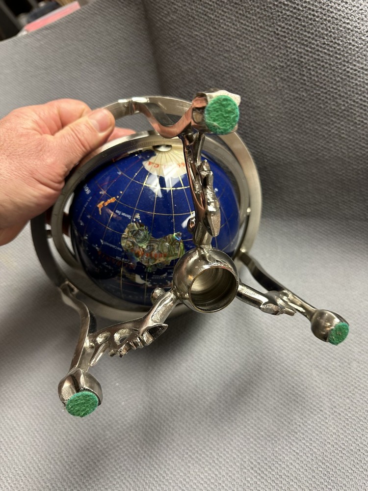10 Inch Decorative Gemstone Inlaid World Globe With Solid Brass Three.