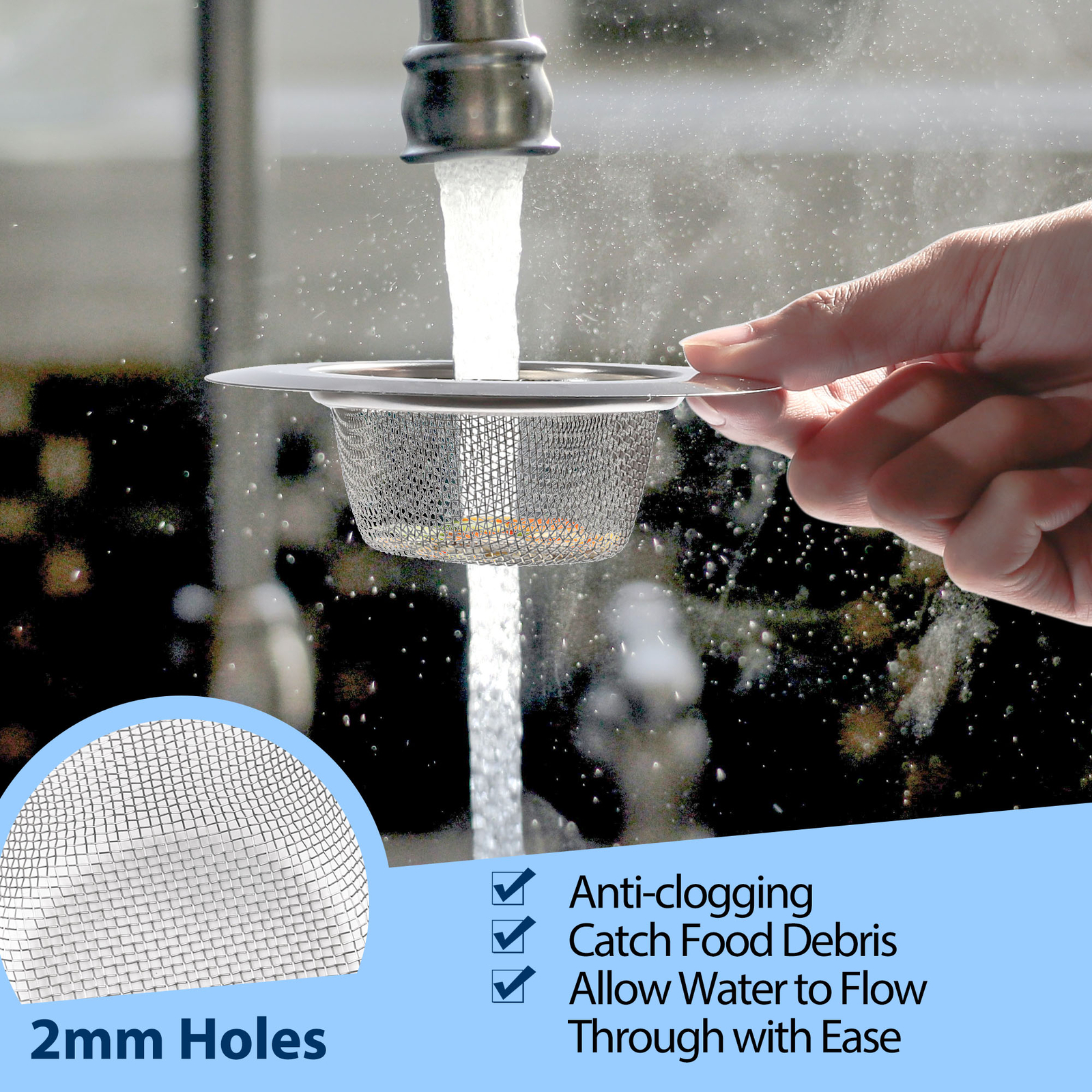 Kitchen Sink Strainer Large Wide Rim 4.5" Stainless Steel Mesh Drain Filter