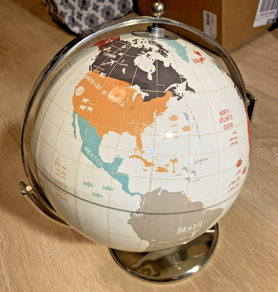 World Globe-Rotating White with colored Countries Chrome Base-11 1/2" tall