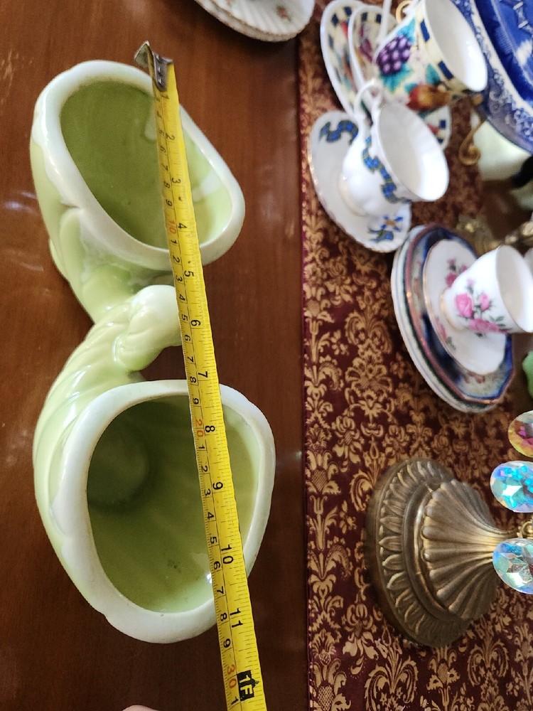 Retro Vintage Green Glazed Double Cornucopia Ceramic Planter