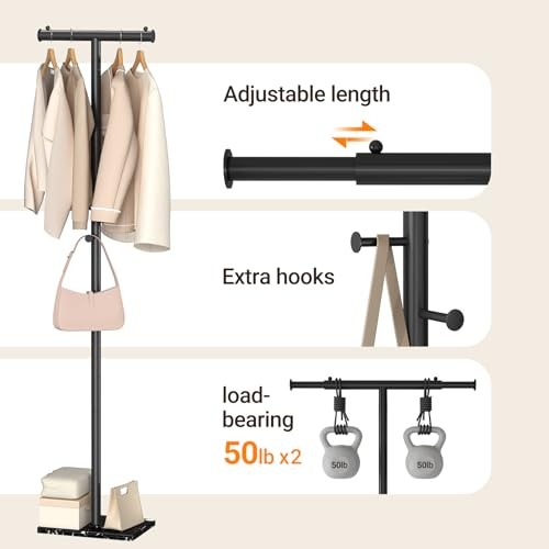 Coat Rack Freestanding Marble Base Adjustable Width T-Shaped Heavy Duty