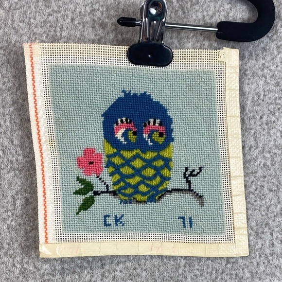 Vtg completed needlepoint piece featuring turtle 70’s ready for frame or upcycle