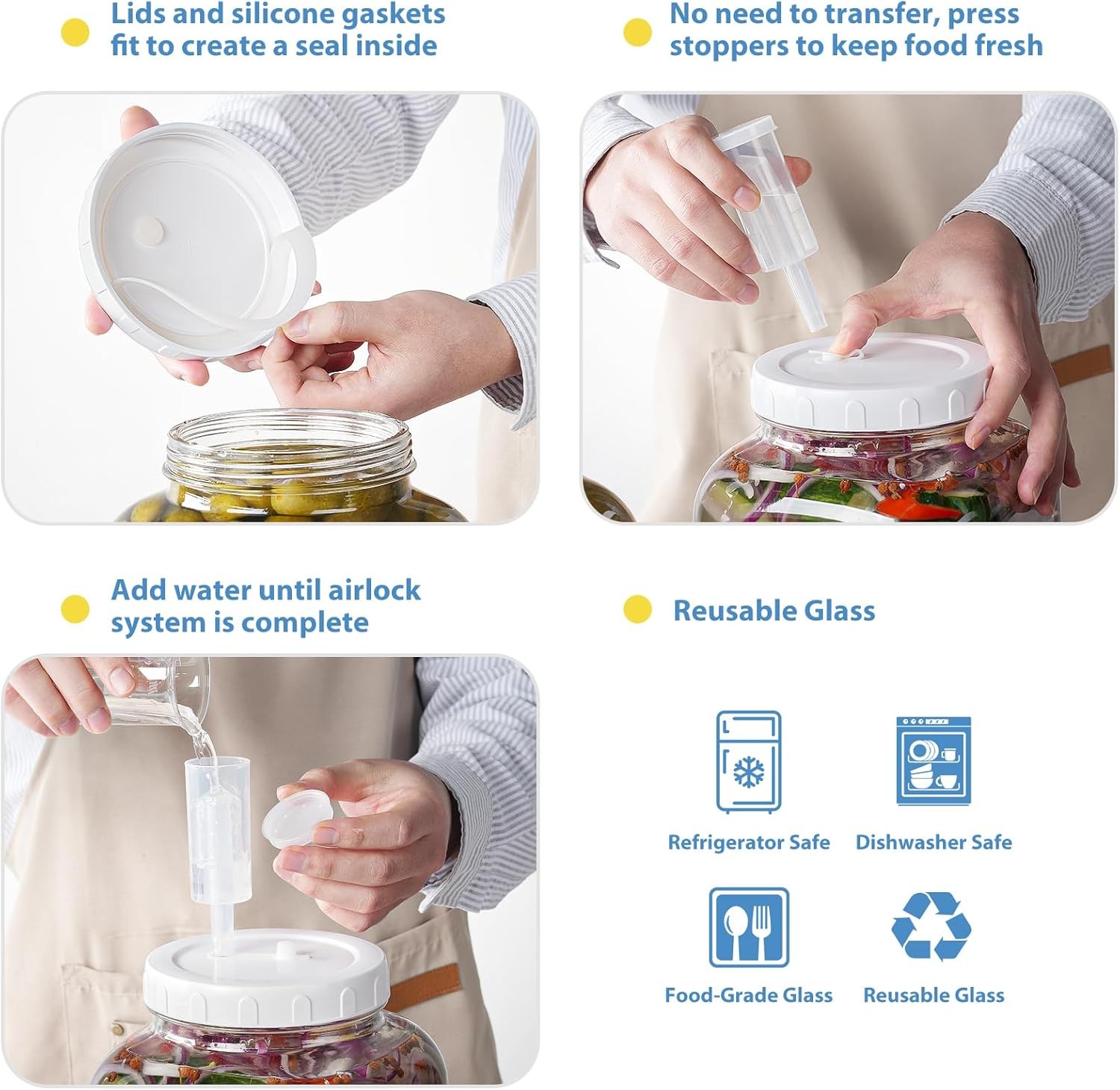 2 Pack Large Fermentation Jars, 1.5 Gallon Glass Jars with 100% Airtight Lid & 3