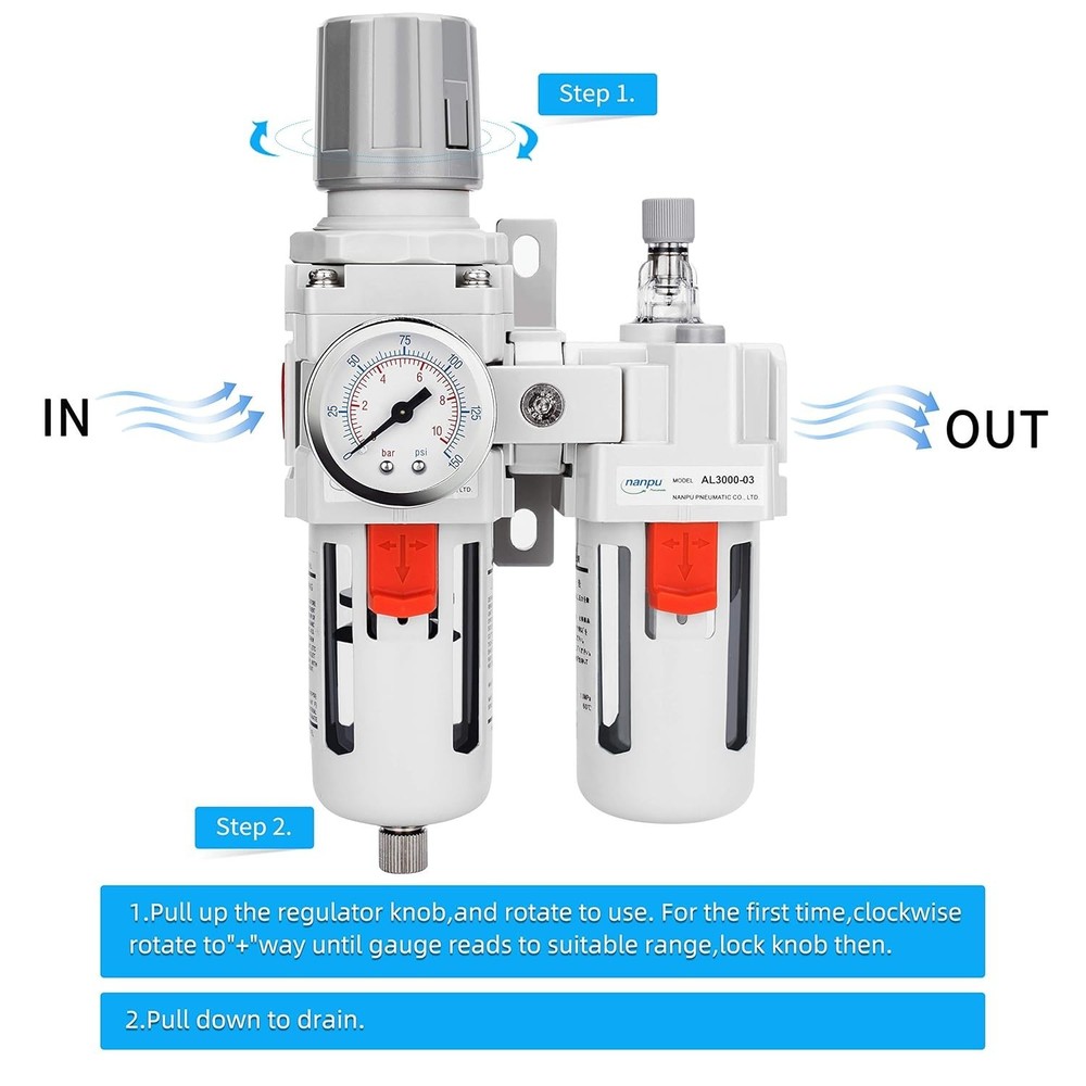 3/8" NPT Compressed Air Filter Regulator Lubricator - Efficient 3-in-1 Combo