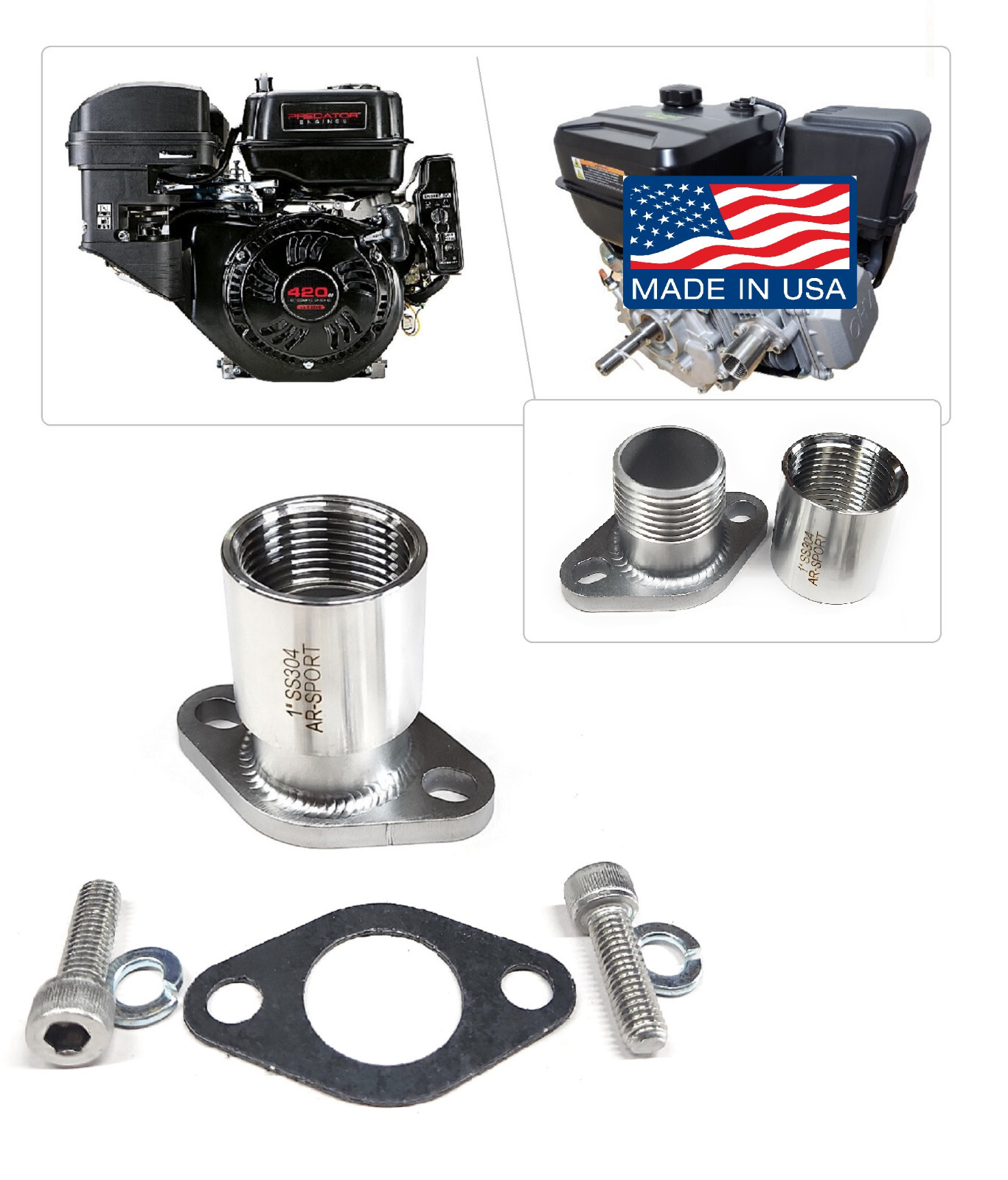 Exhaust Adaptor Male & Female 1" Flange for: Predator 420cc & 301cc, Honda GX270