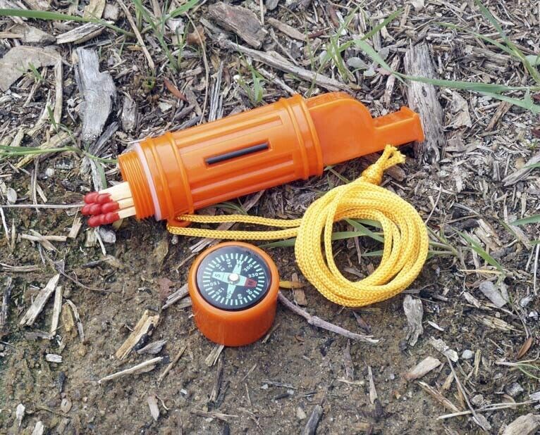 5 in 1 Camping Survival Whistle Compass Fire Starter Storage Container Mirror