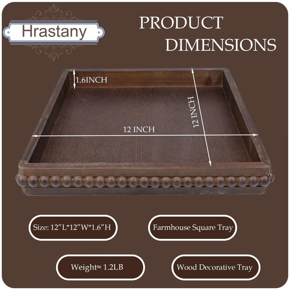 Square Wood Decorative Tray Rustic Coffee Table Serving Tray for Ottoman Farm...