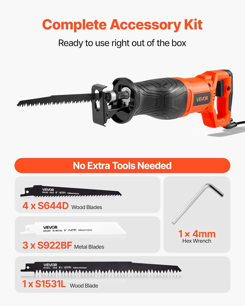 Powerful 7.5 Amp Reciprocating Saw with 8 Blades & Variable Speed Control