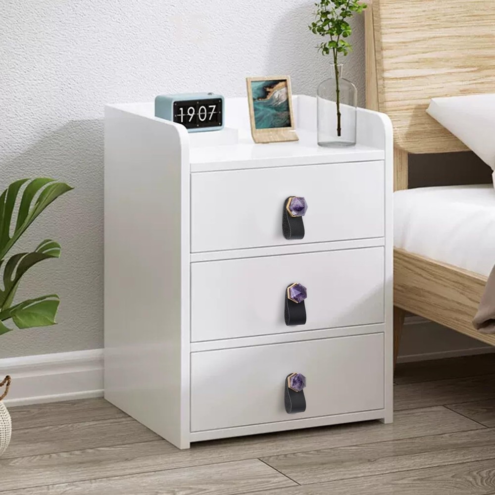 Hexagonal Crystal Cabinet Knobs Handmade Leather Pulls Polished Stone Handles...