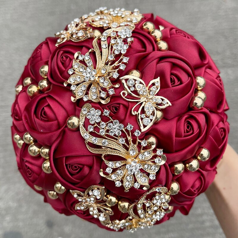 New Bridal Bouquet Exquisite Rhinestone Silk Rose and Pearl Handmade