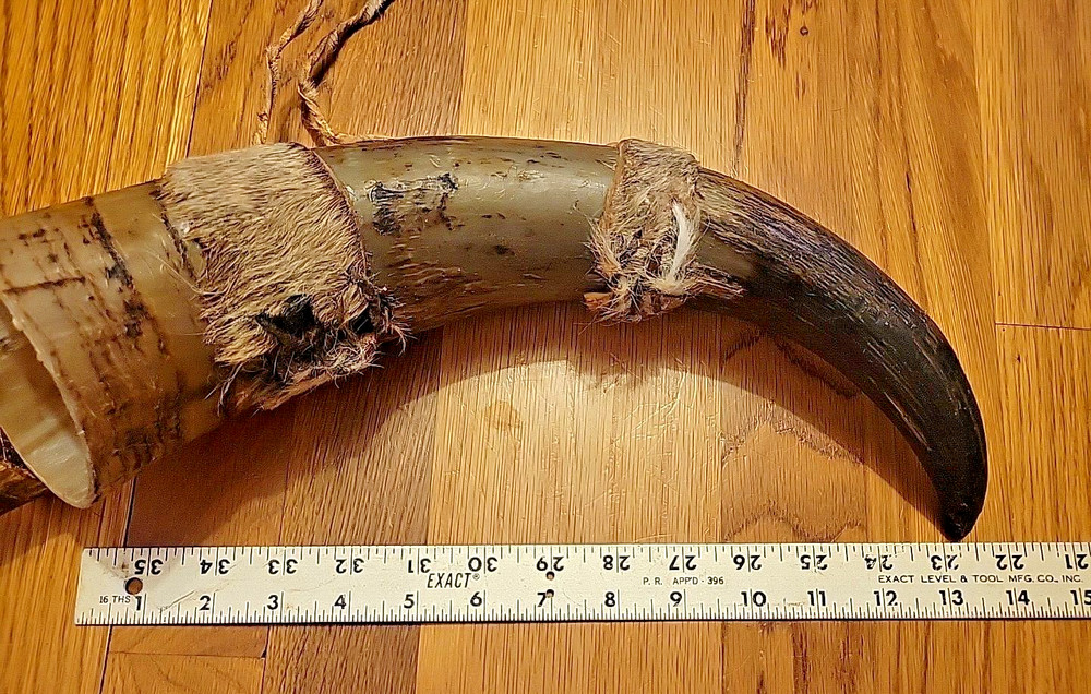 14" Powder Horn with Decor and Leather Strap
