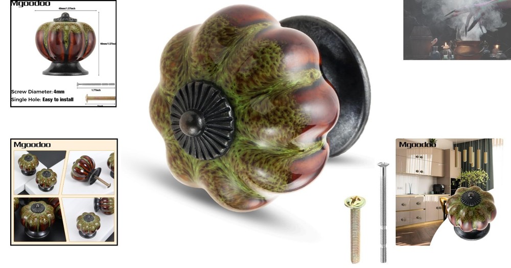 Rustic Green Pumpkin-Shaped Drawer Knobs - Handmade Ceramic Cabinet Pulls