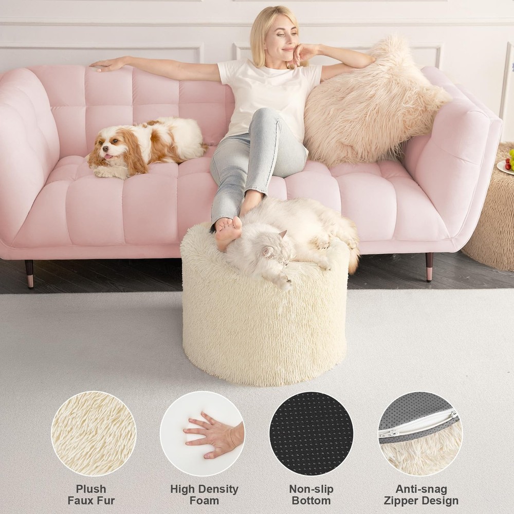 Hansleep Round Stuffed Pouf Ottoman 17 x 14, Foam Filled Faux Fur Ottoman Foo...