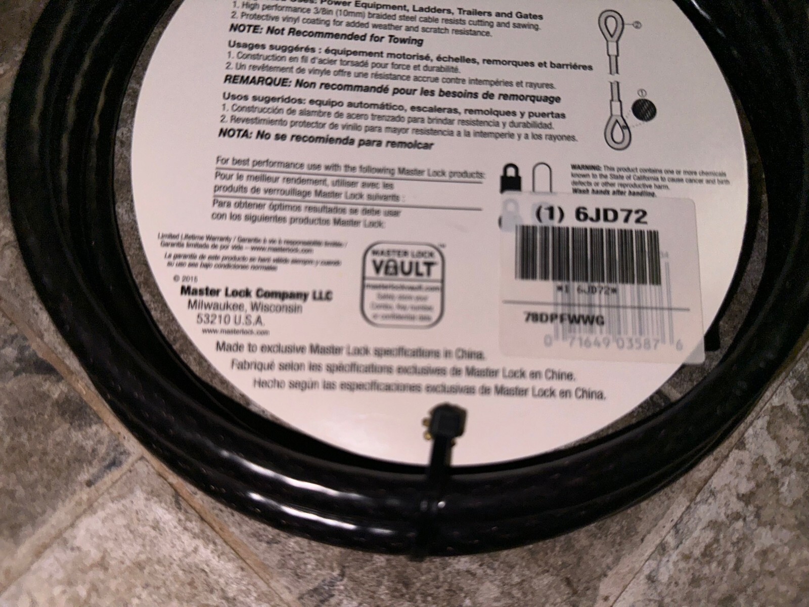 BRAND NEW - LM Master Lock 78D 6ft Braided Steel Looped End Cable Bike Lock