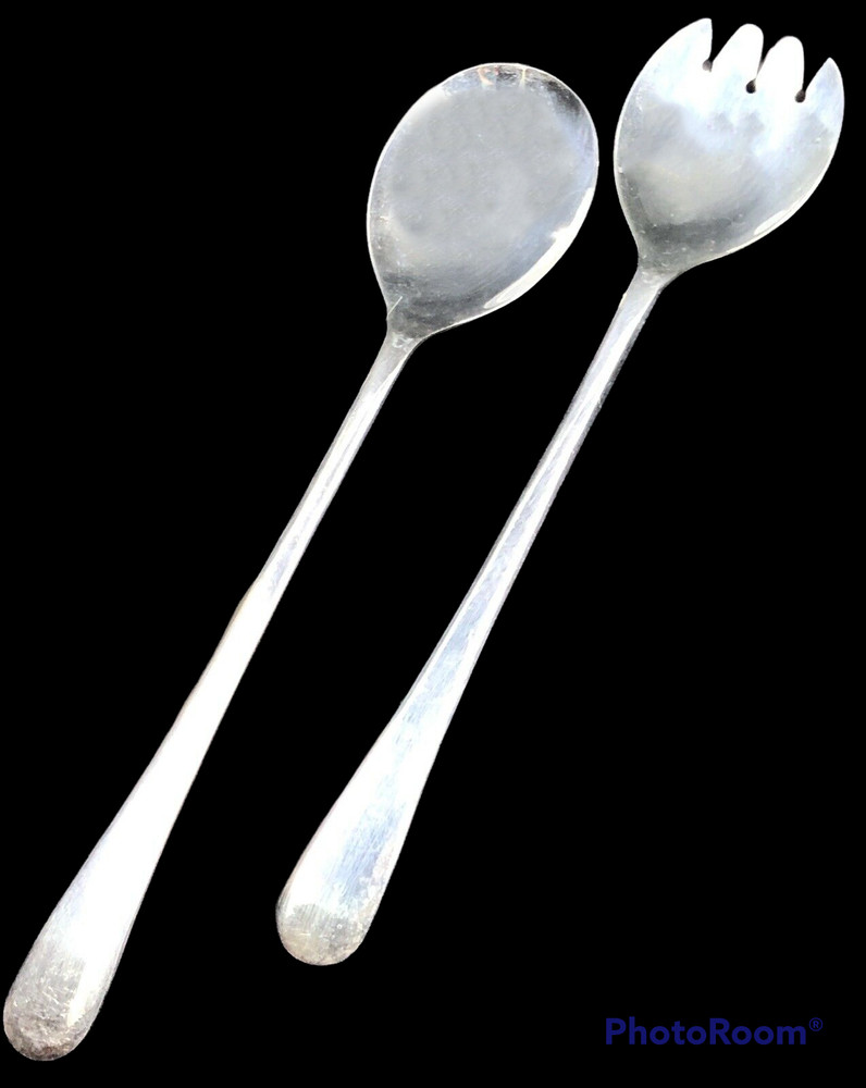 Vintage Salad Spoon & Fork Servers Silver Plate Made In England 12” Modern Sleek
