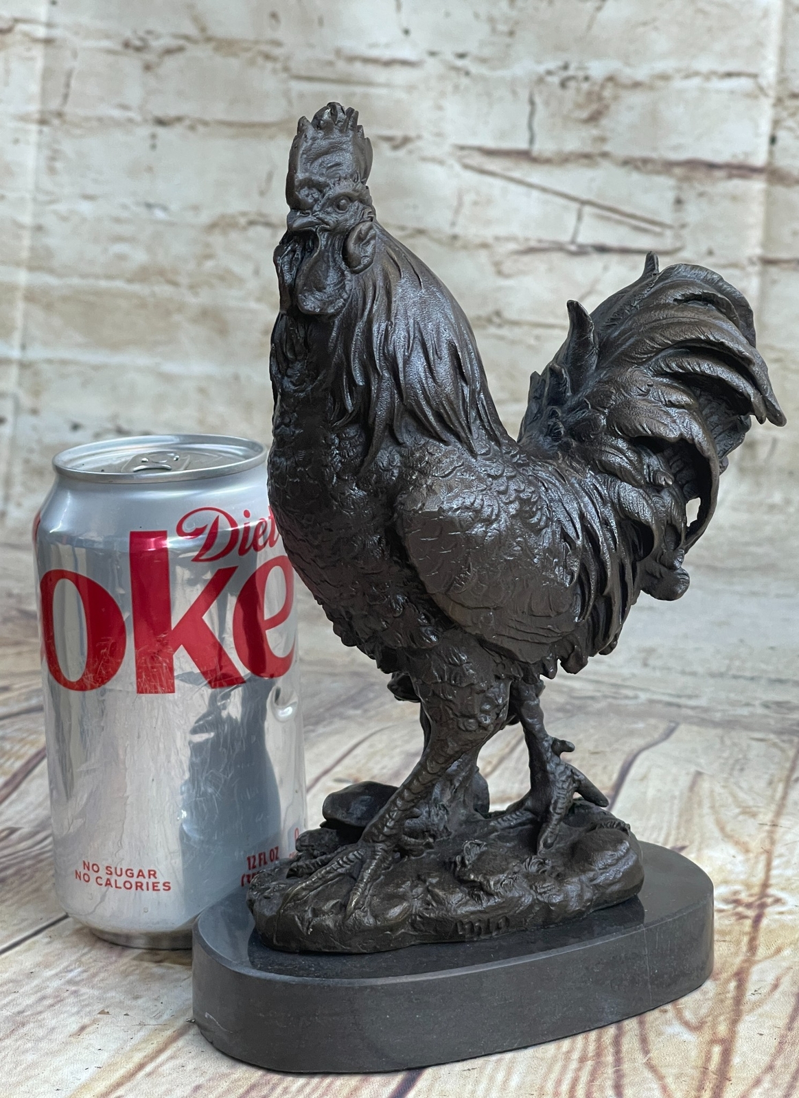 Chicken Rooster Farm Animal Bronze Statue Sculpture Figure Decor on Marble Base