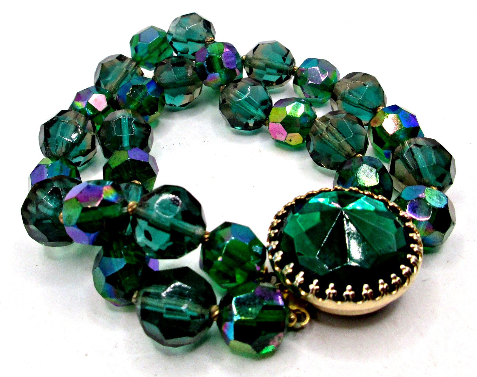 Vintage 50s Signed Hattie Carnegie Green Aurora Borealis AB Crystals Bracelet