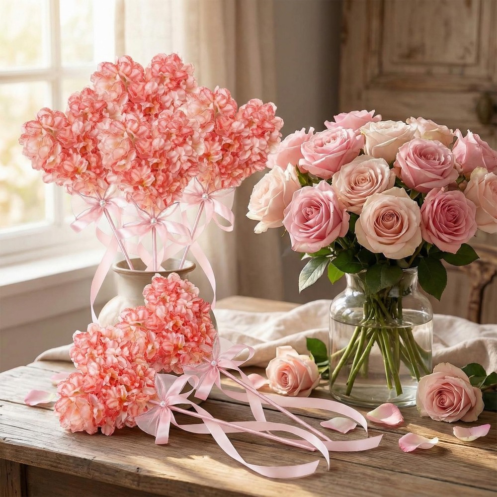 Suncalla 6 Set Heart Shaped Artificial Hydrangea Decor, Romantic Pink