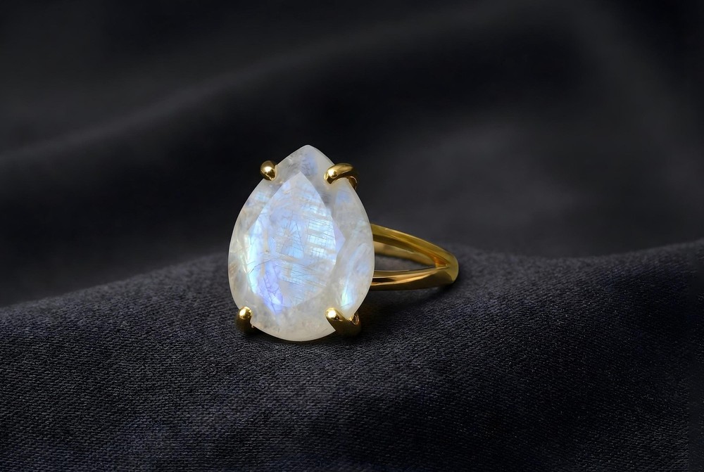 Rainbow Moonstone Ring Anemone 925 Silver Pear Shape Teardrop Gem