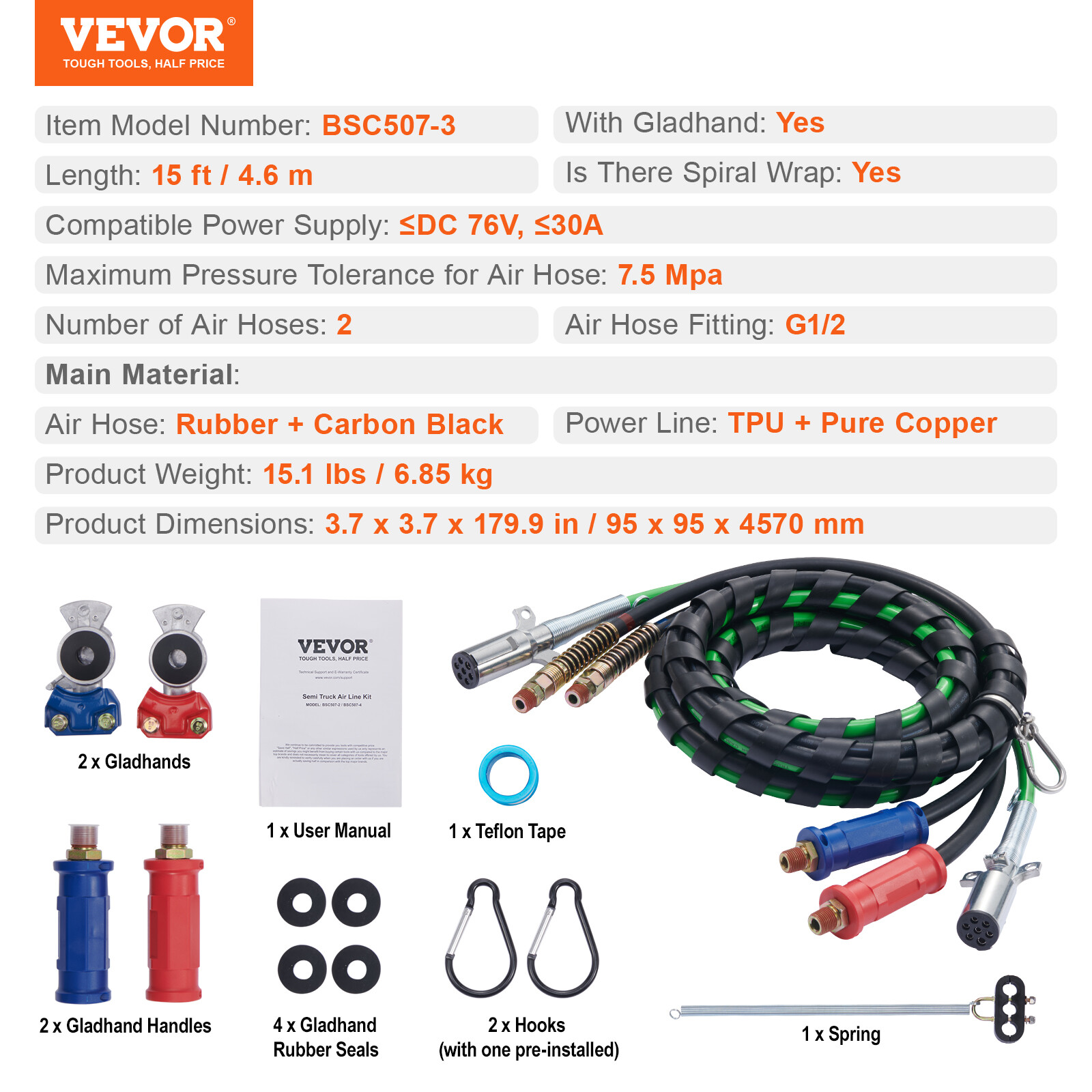 VEVOR 15FT 3-in-1 Semi Truck Air Lines Kit with 2PCS Glad Hands and Handles