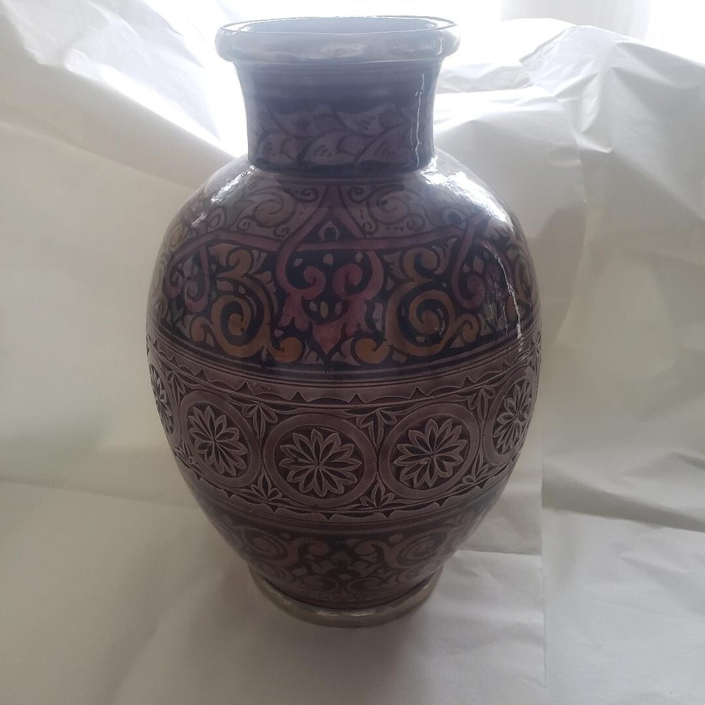 Middle Eastern Large Vase  Ceramic with - Brass/Copper Lining ?? 15X11"