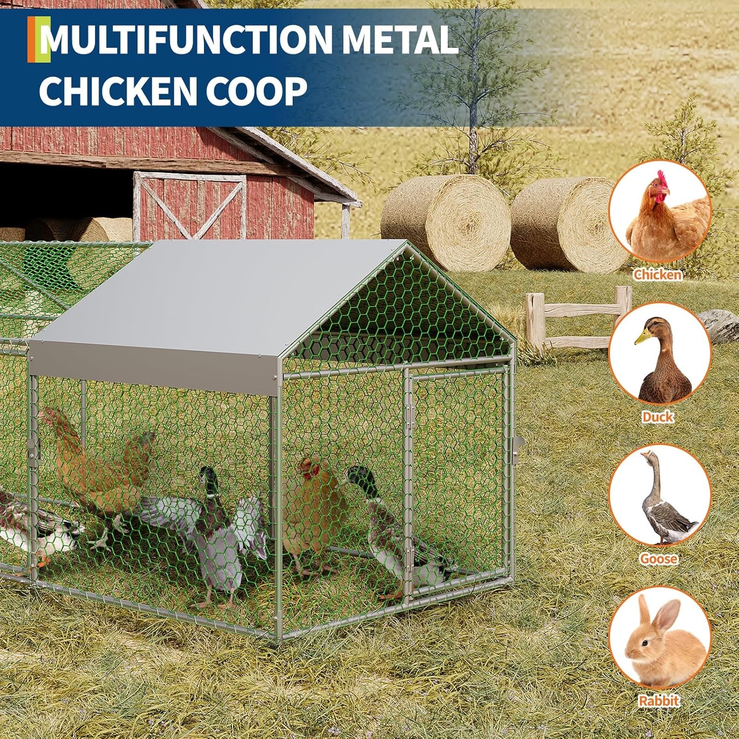 Metal Chicken Coop with Waterproof Cover & 3 Doors, Poultry Cage Outdoor, Silver