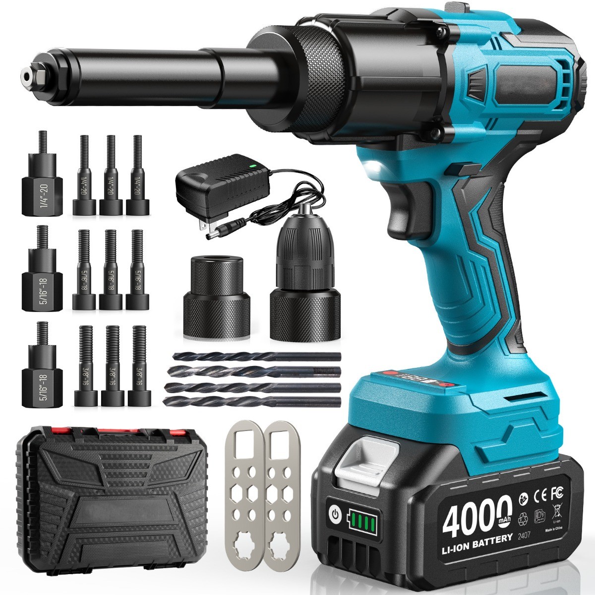 Seesii Battery Powered Pop Rivet/Nut Gun Cordless (10-24" & 1/4" & 5/16" & 3/8")