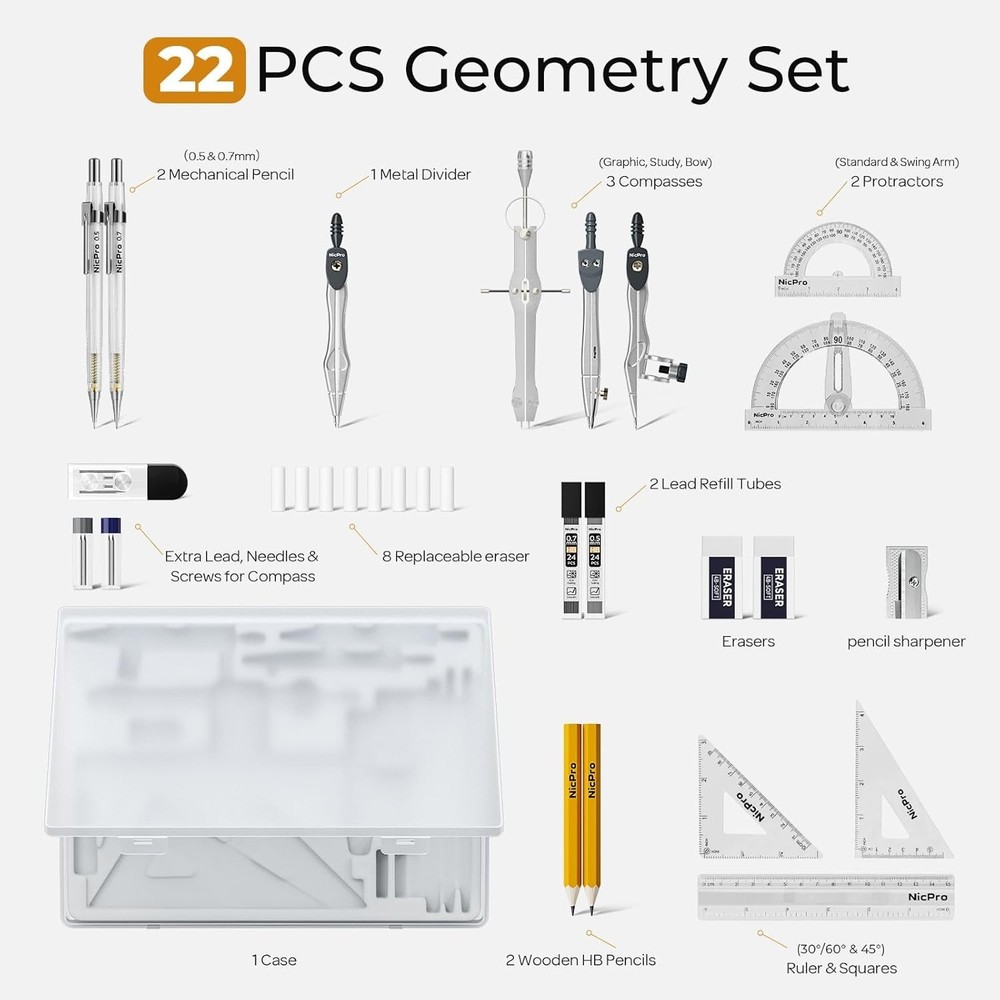 22 PCS Compass Geometry Tools with Case, Drafting Tools Geometry Set with Swi...