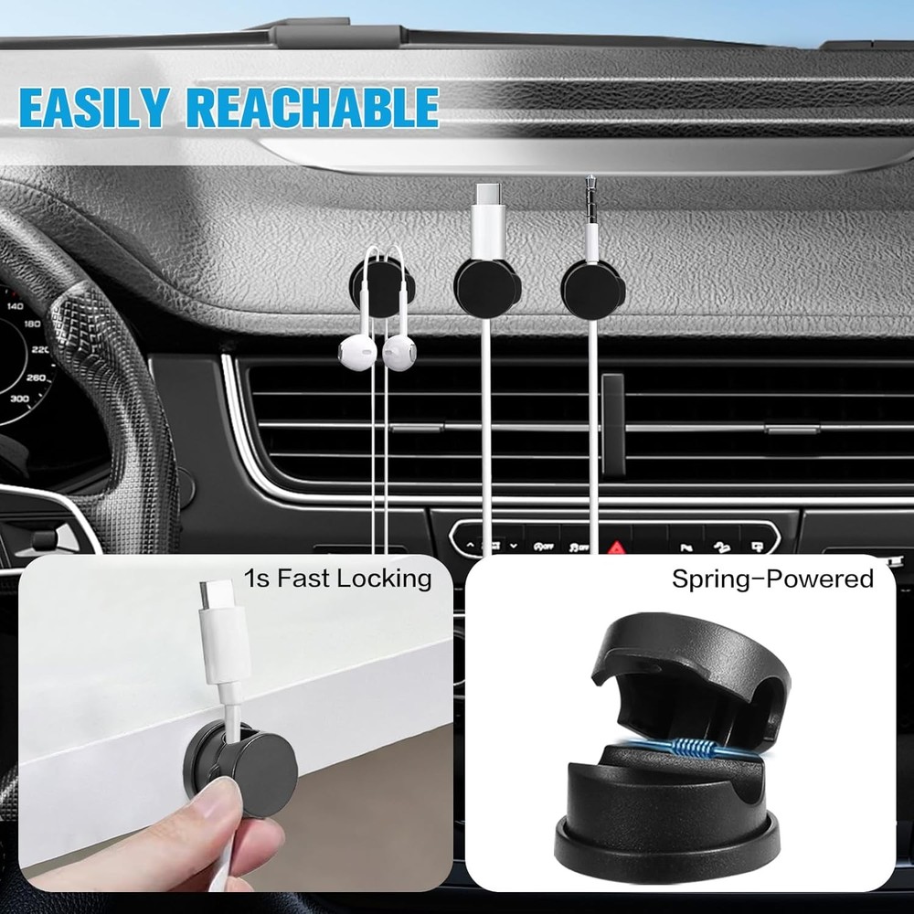 6PC Cord Organizer Holder, 360° Rotatable Spring Cable Clips, Strong Adhesive C