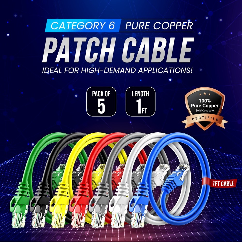 Cat6 Patch Cable 1ft RJ45 Ethernet Pure Copper � 5 Pack