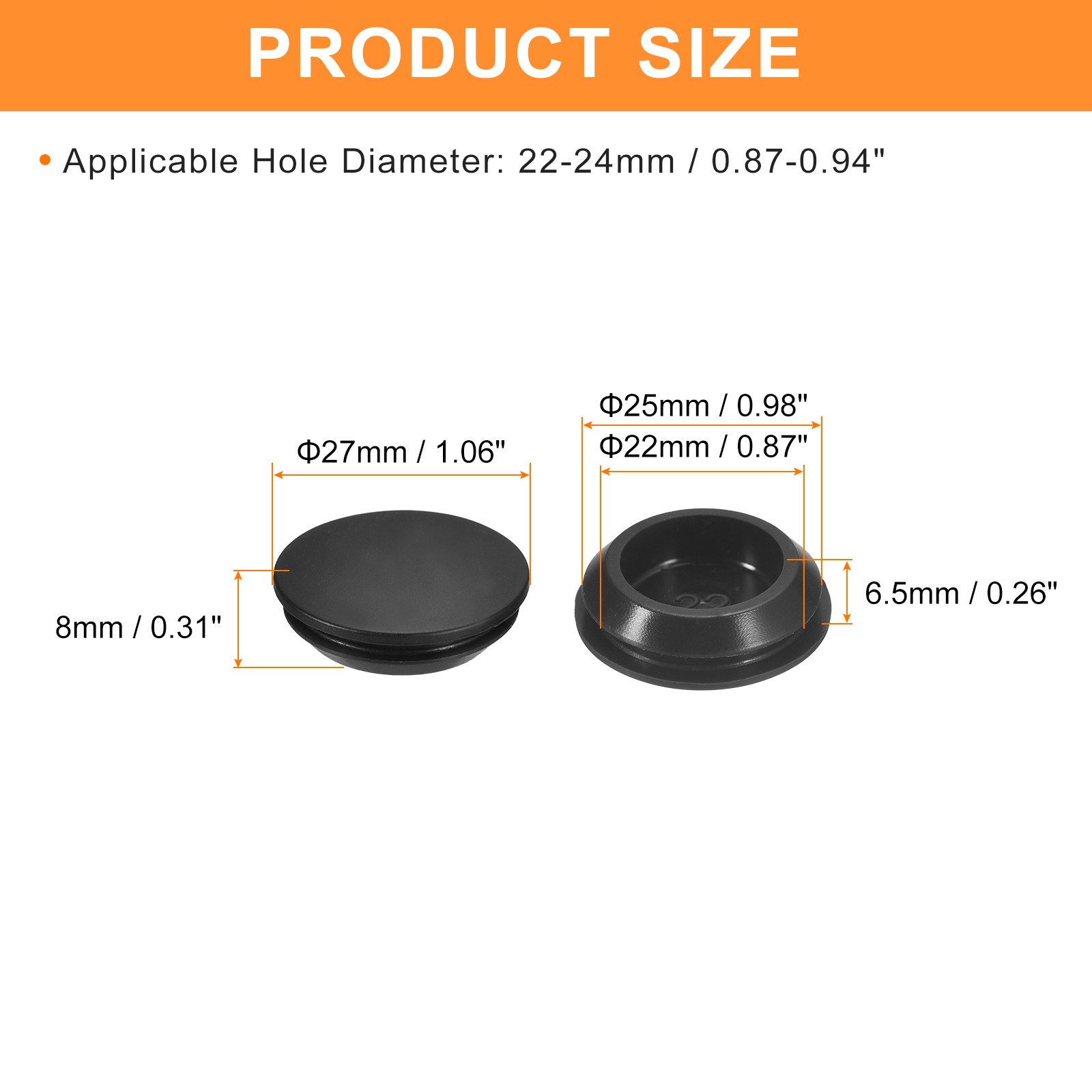 8Pcs Silicone Plugs Rubber Round Hole Plugs for 22-24mm Hole Black