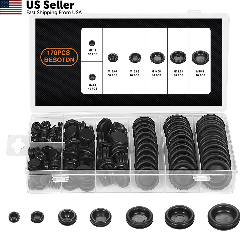 170PCS Rubber Grommet Kit - Closed Plug, Electrical Wire Black