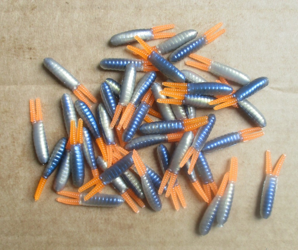 50 BLUE SHAD ORANGE TIPS 1.5" Split Tail BEETLES Panfish Baits BEETLE SPIN GRUBS