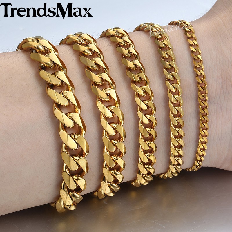 14K Gold Plated Stainless Steel Cuban Curb Chain Necklace Bracelet 3/5/7/9/11mm