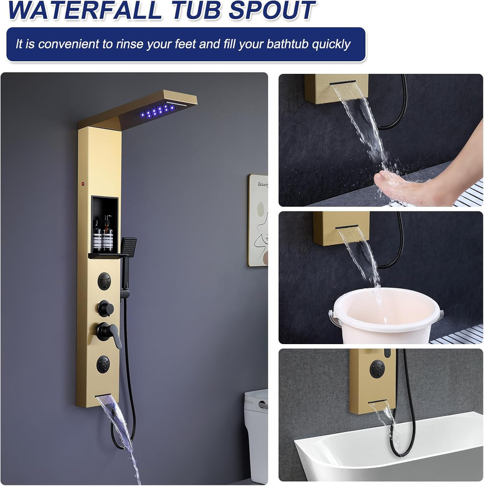 Brushed Gold LED Rainfall Shower Panel with Massage Jets & Handheld Spout