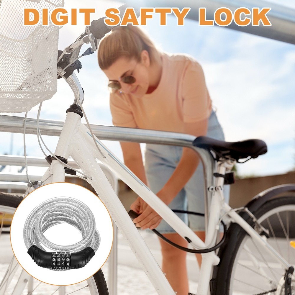 150cm Bike Lock Cable, Security Bike Wire with 4 Digit Code Combination, Clear