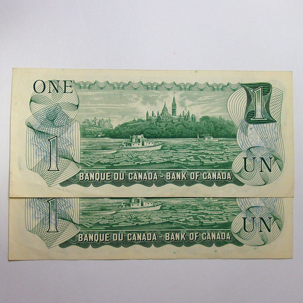 2-1973 $1.00 Bills with Consecutive Serial Numbers Uncirculated Notes Canada
