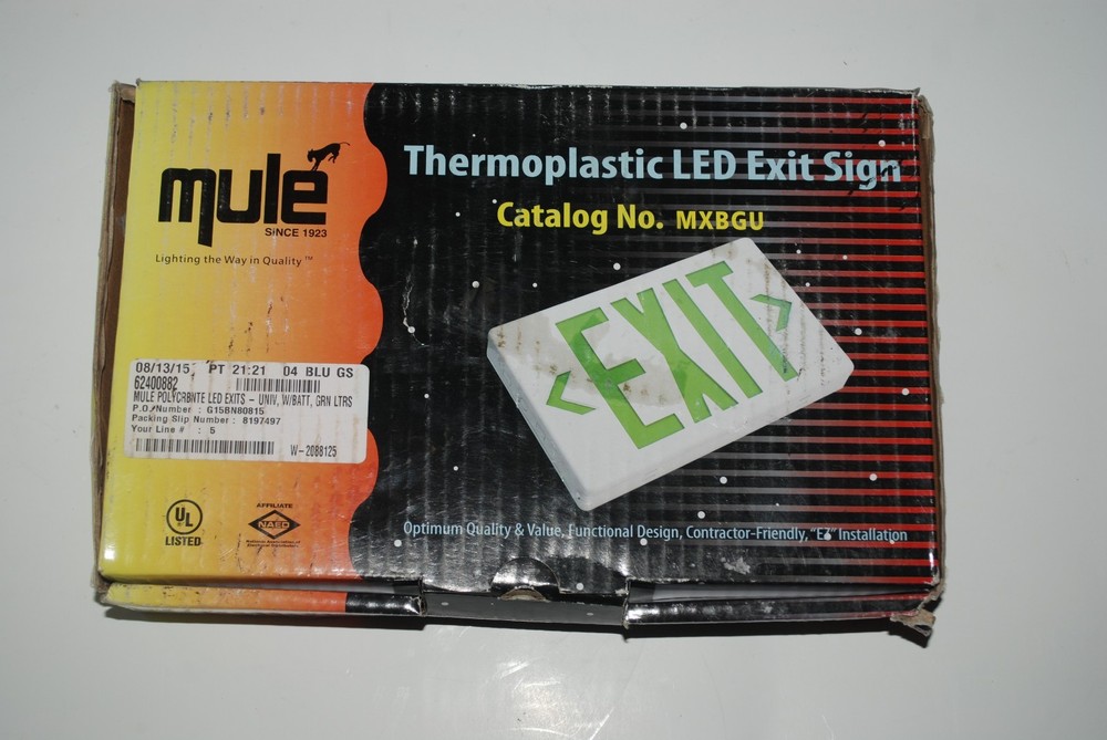 Green & White LED Exit Sign Slim & Low Profile with Battery Backup Mule